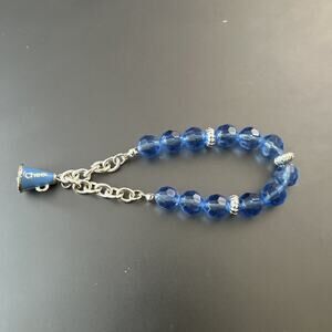 GO TEAM CHARM BRACELET "CHEERLEADER" Megaphone Cheer Blue Beads Silver Stretch